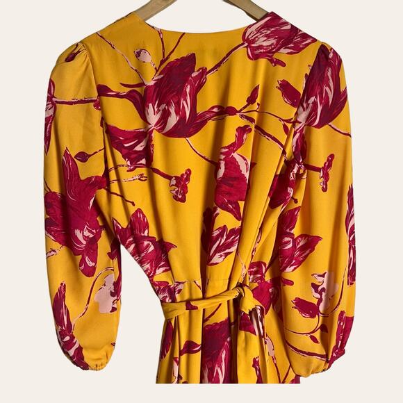 Color Me Courtney Eleanor Floral Print Yellow Wrap Midi Dress Size XS - Picture 9 of 12